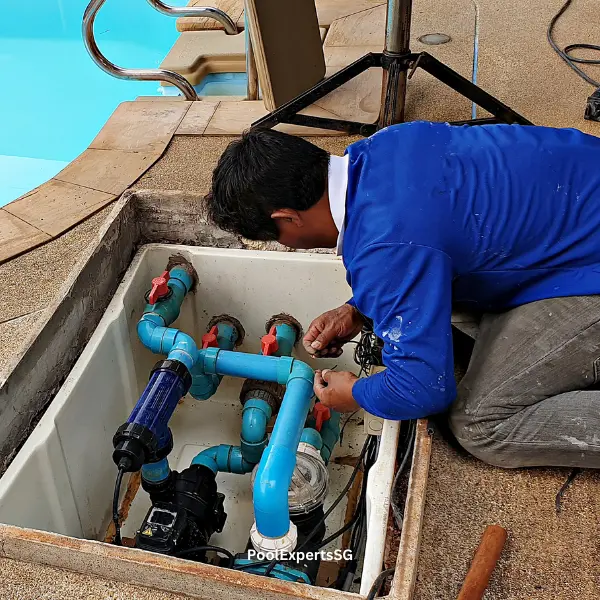 Pool service technician carrying out maintenance at a pump pit in Singapore