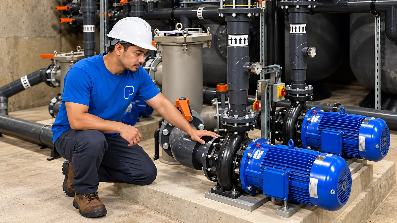 Pool technician checking a pump in a condo plant room