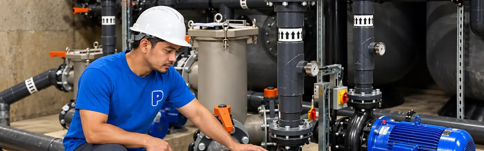 Pool technician checking a pump in a condo plant room