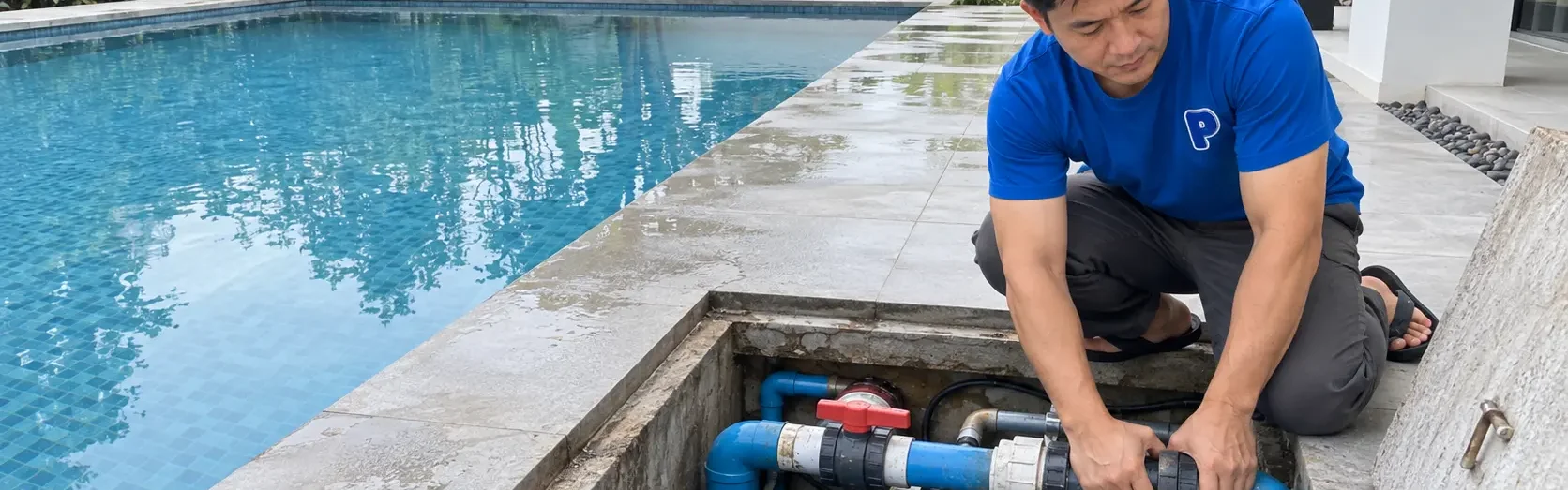 Pool technician tightening a pipe union in a pump pit beside a landed home pool