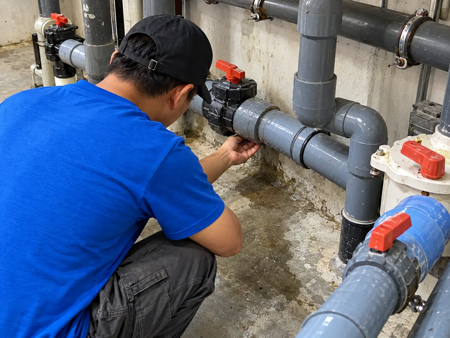 Technician checking a pipe joint for moisture in a pool plant room