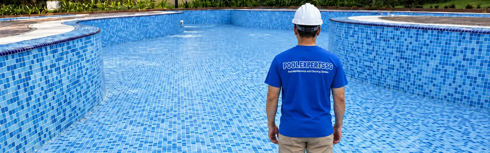 Pool technician standing in an empty pool with new blue mosaic tiles