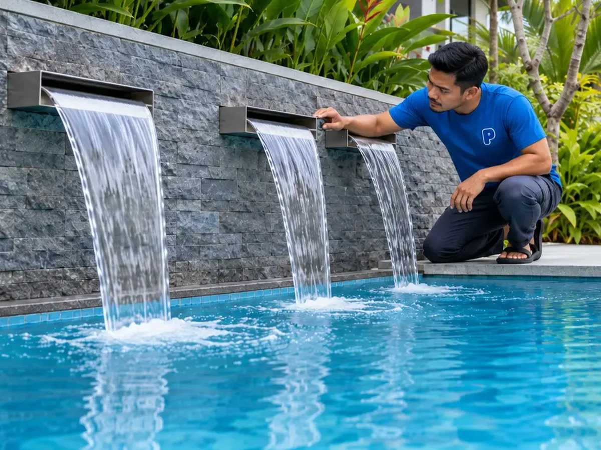 Pool technician checking the flow from three stainless steel wall spouts into a pool