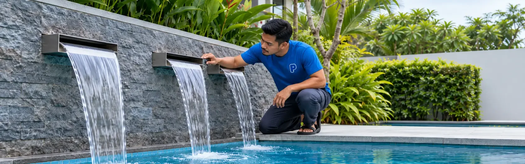 Pool technician in a blue t-shirt checking a wall spout above a landed home pool