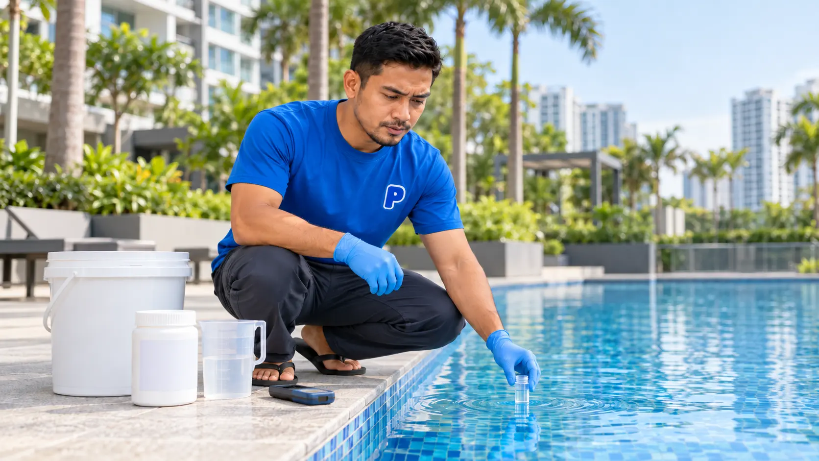 Pool technician taking a water sample at a condominium pool