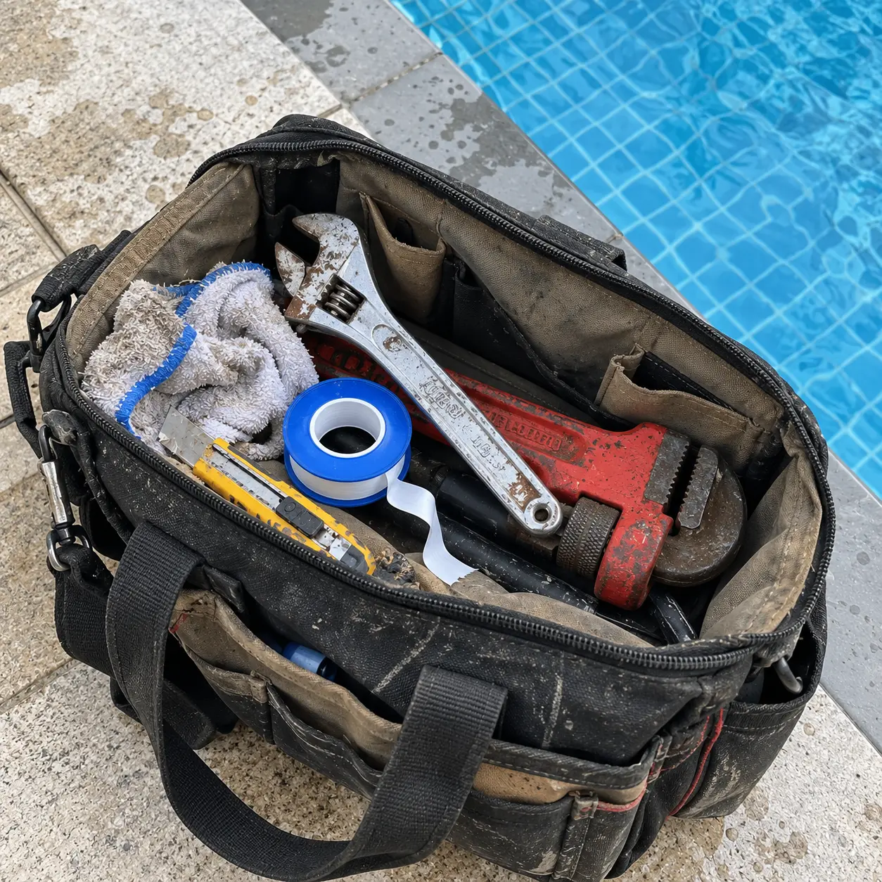 Pool repair tools on a pool deck