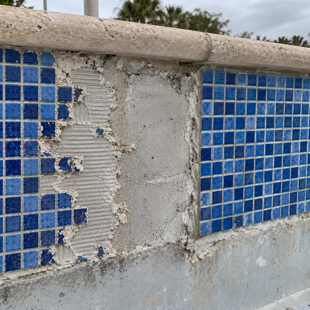New mosaic tiles beside old tiles on a pool wall